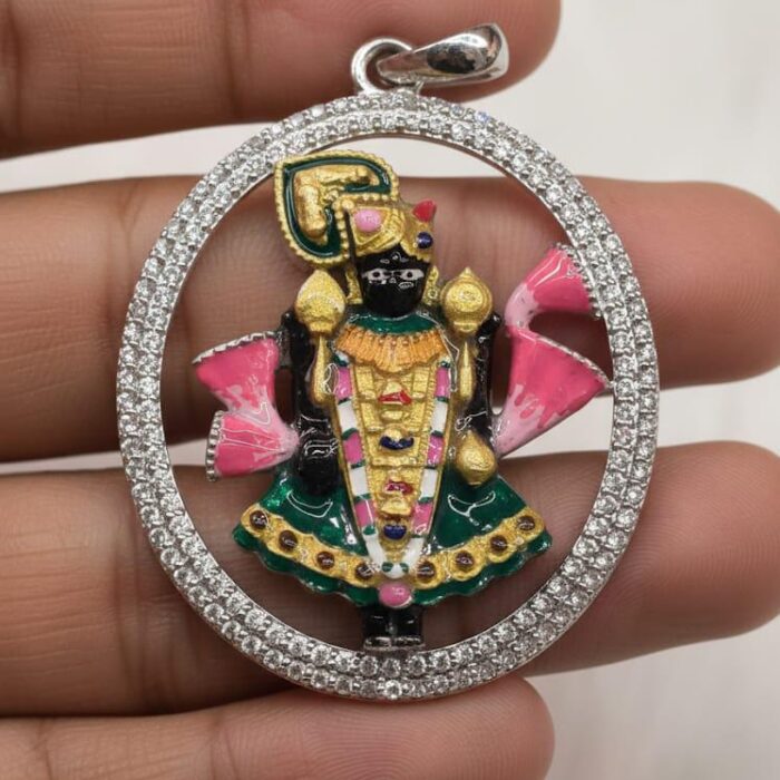 Pure 925 Silver Lord Krishna Flute Pendant - Hand-Painted Enamel Idol with CZ Halo Frame