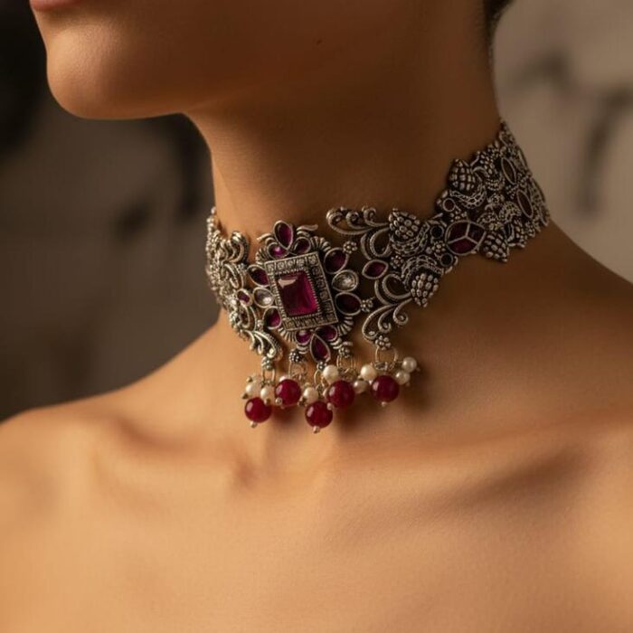 Pure 925 Silver Ornate Filigree Cuff Bangle - Traditional Floral Design with Green & Maroon Gemstones