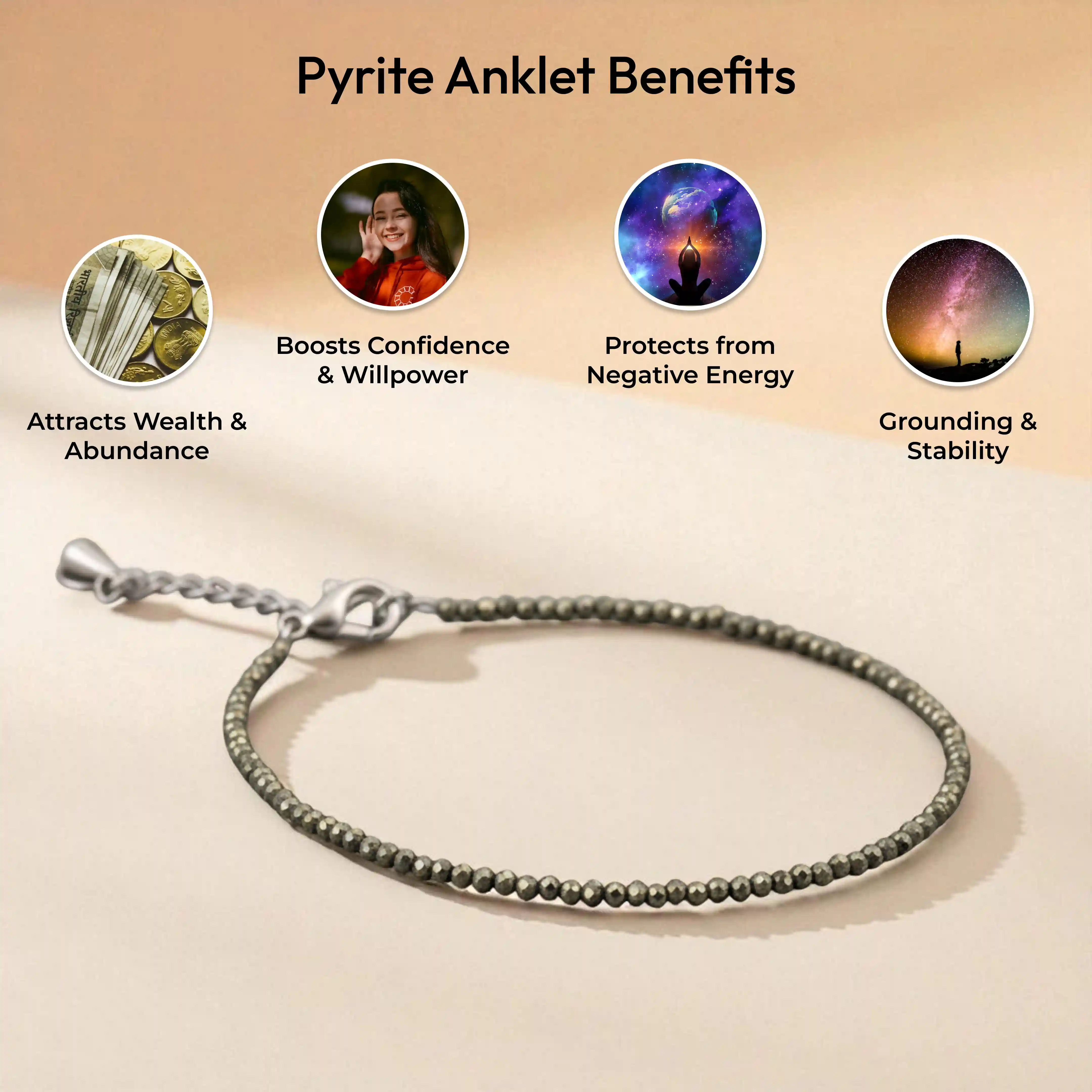 Raw Pyrite Crystal Anklet | Handmade Natural Stone Anklet - Image 3